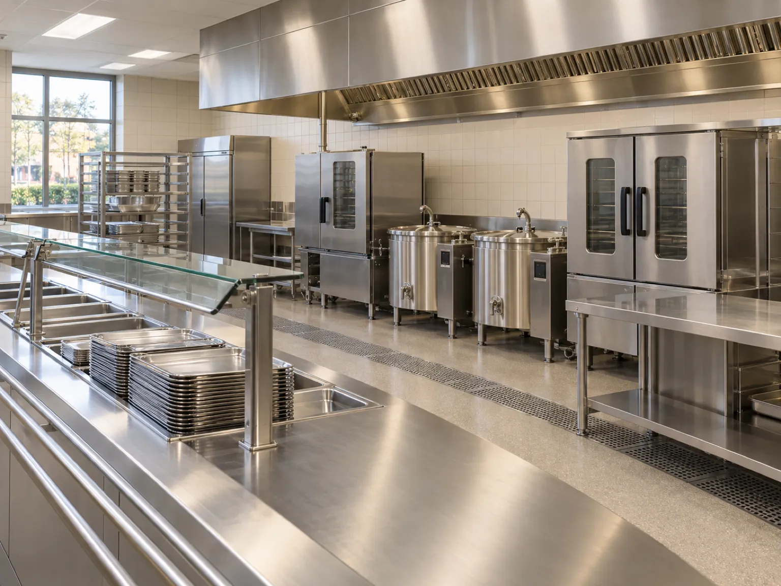 An empty school cafeteria kitchen with steam kettles and ovens under a long stainless exhaust hood