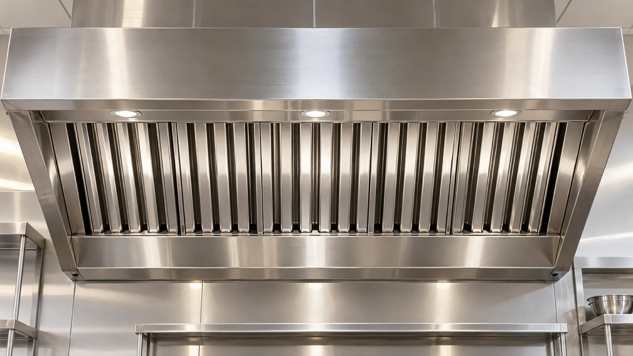 A spotless stainless exhaust hood seen from below, its baffle filters clean and evenly aligned