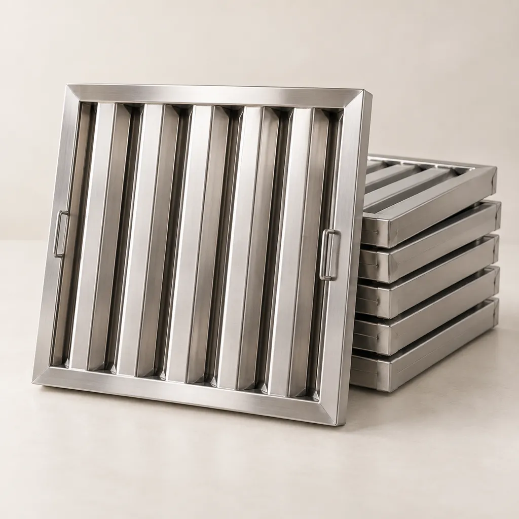 A set of stainless steel baffle grease filters, one leaning in front of the stack