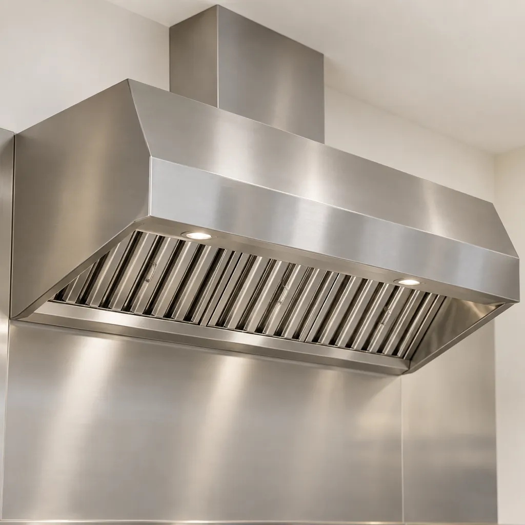A brushed stainless steel kitchen exhaust hood canopy with its row of baffle filters
